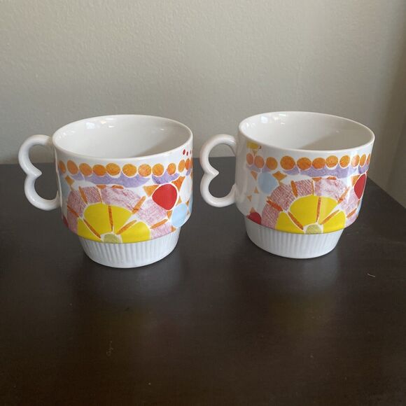 Set Of 2 Anthropologie Stackable Abstract Polka Dot Floral Mugs Coffee Tea Retro - Picture 5 of 6
